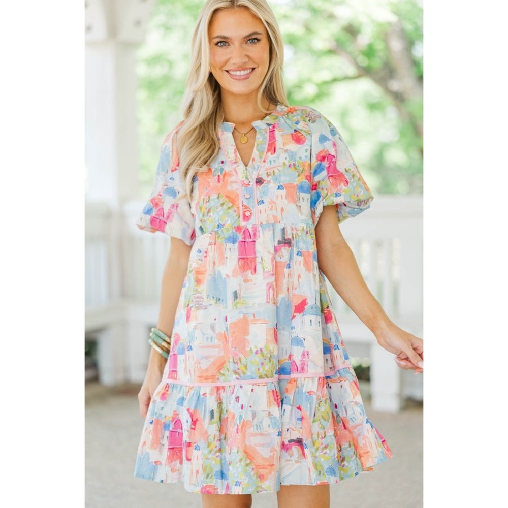 Shop the Mint Watercolor Cityscape Mediterranean Cotton Mini Dress Pink Blue S